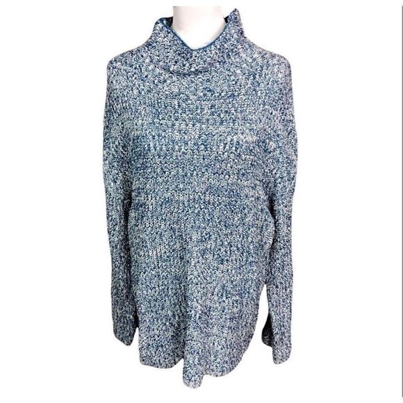Caslon Sweater Tunic Shaker Funnel Neck Blue Ivory Knit Bell Sleeves Small - Picture 1 of 14